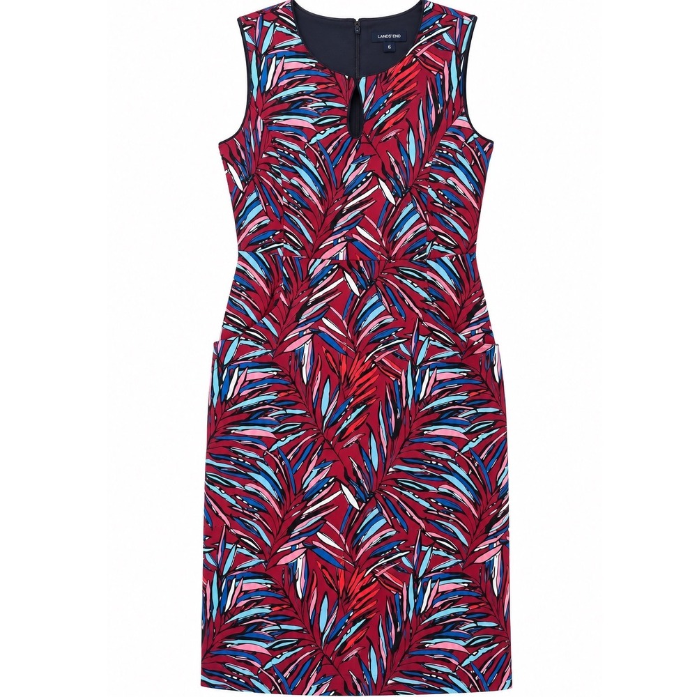 Lands End Red Blue Tropical Palm Leaf Print Sleeveless Sheath Dress Size 6